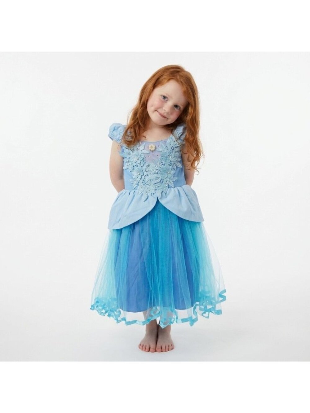 Girls Fairy Tale Princess Dress Light Blue Floral Tulle Birthday Party